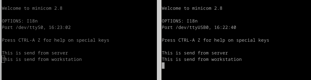Screenshot of two minicom session talking to each other